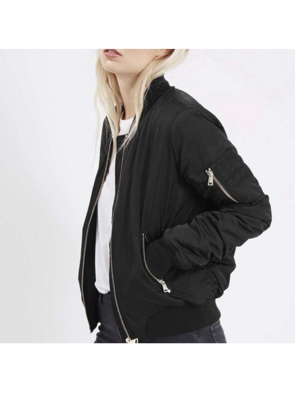 Topshop Ladis Black Bomber Jacket with Zip Details